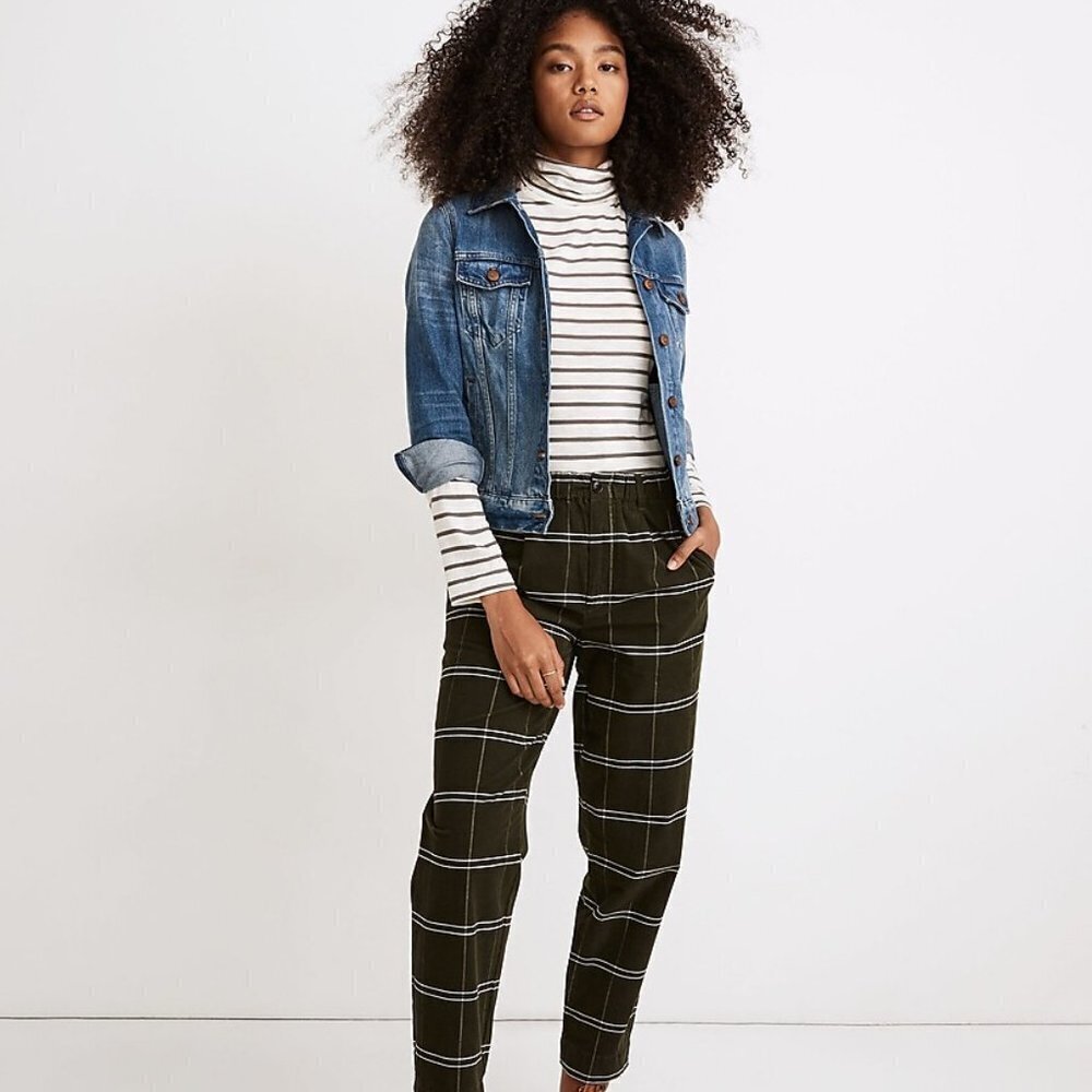 NWT Madewell Corduroy Pull On MidRise Pants in Windowpane Forest Green Cotton XS